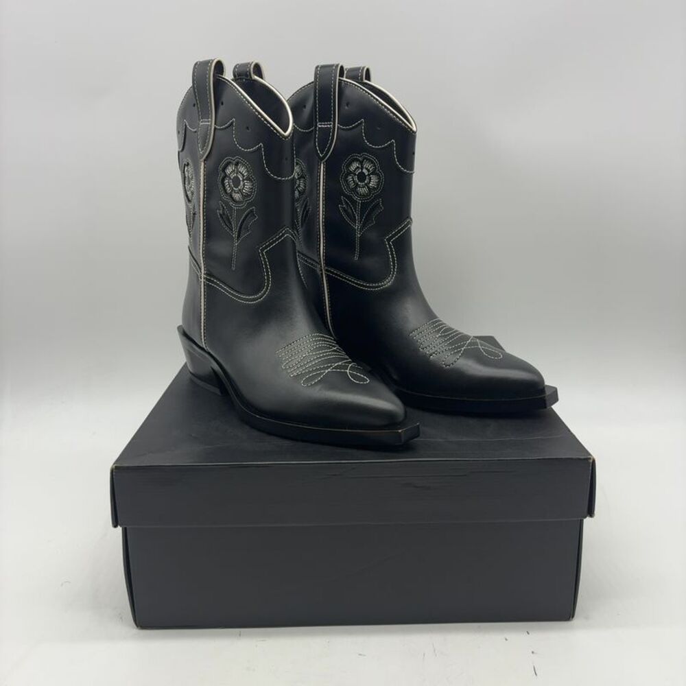 Coach Black Western Embroidered Leather Cowboy Boot with Cream Trim